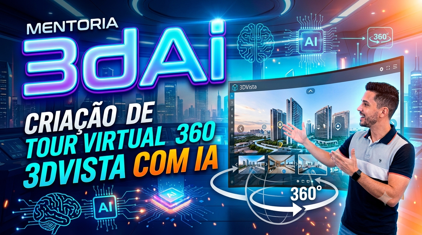 Mentoria 3dAi: criação de tour virtual 360° no 3DVista com IA. Apresentação de um ambiente virtual em um cenário tecnológico azul e ciano.